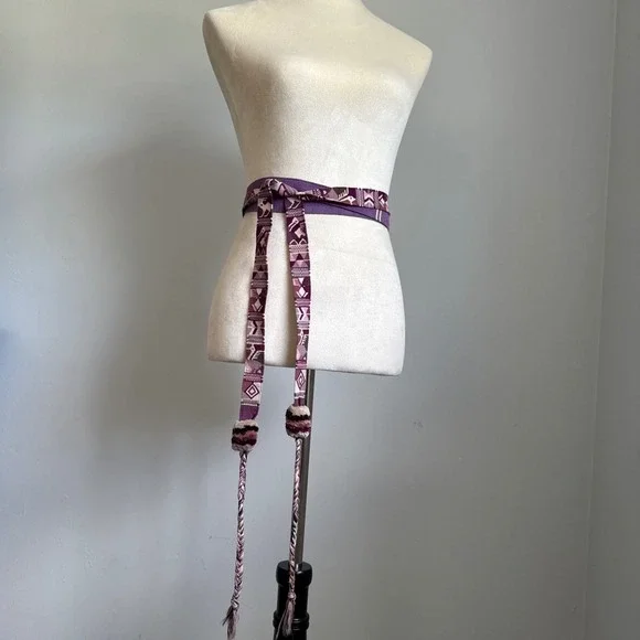 Woven‎ Fabric Belt Sash Aztec Geometric Purple Boho Hippie Pom Pom Tie Belt - Picture 9 of 9